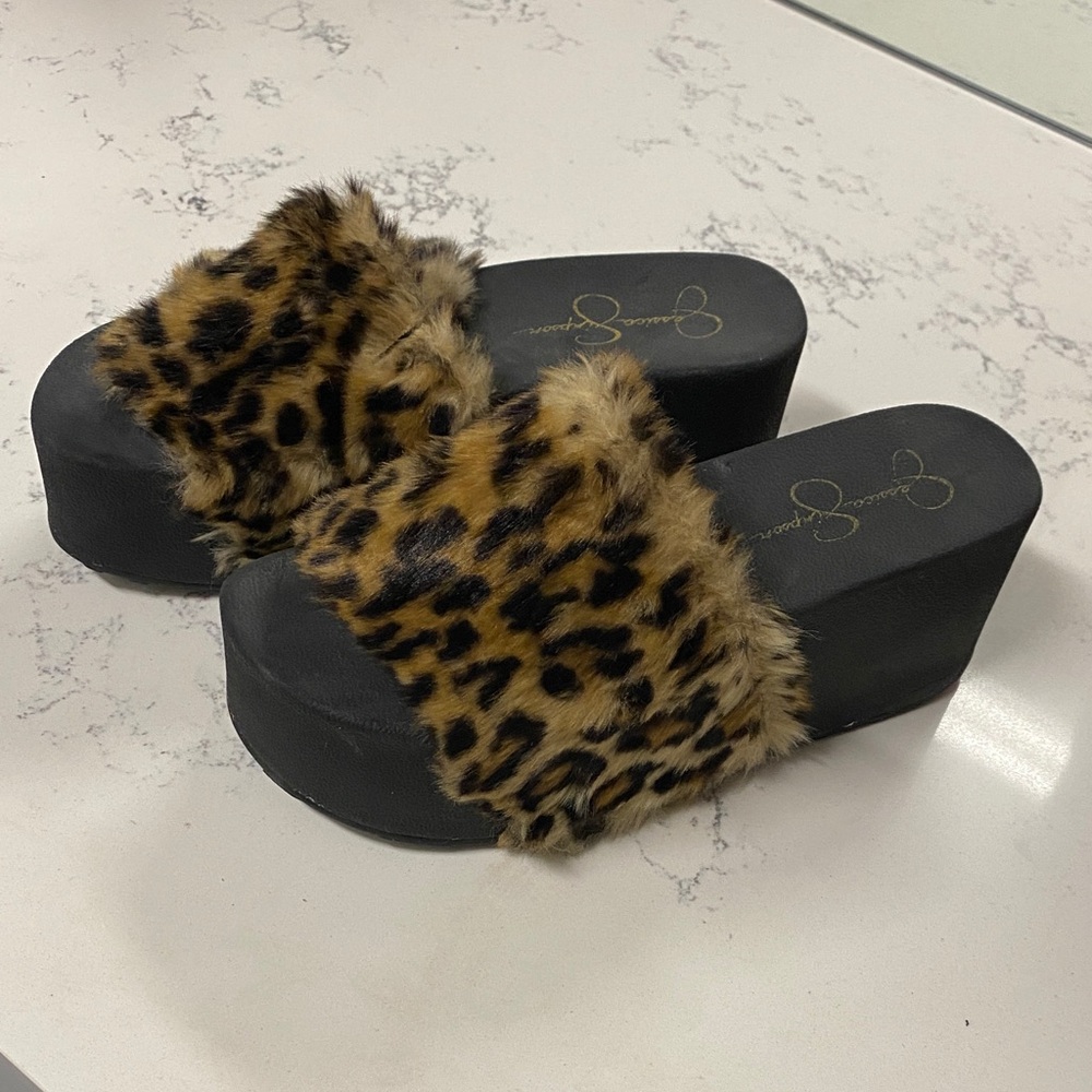 Jessica Simpson Black and Leopard Faux Fur Platform Mules